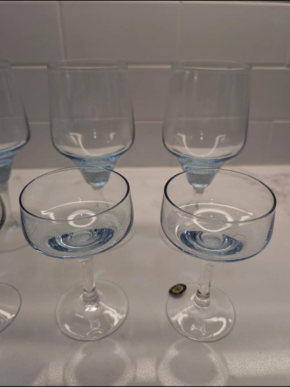 Mid-Century Modern Light Blue Sasaki Glass Wine Glasses & Cocktail Coupes - Set